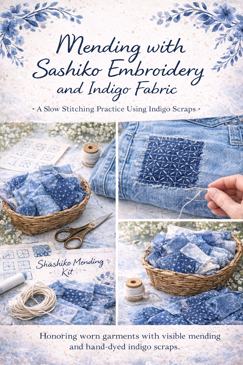 Mending with Sashiko Embroidery and Indigo Fabric