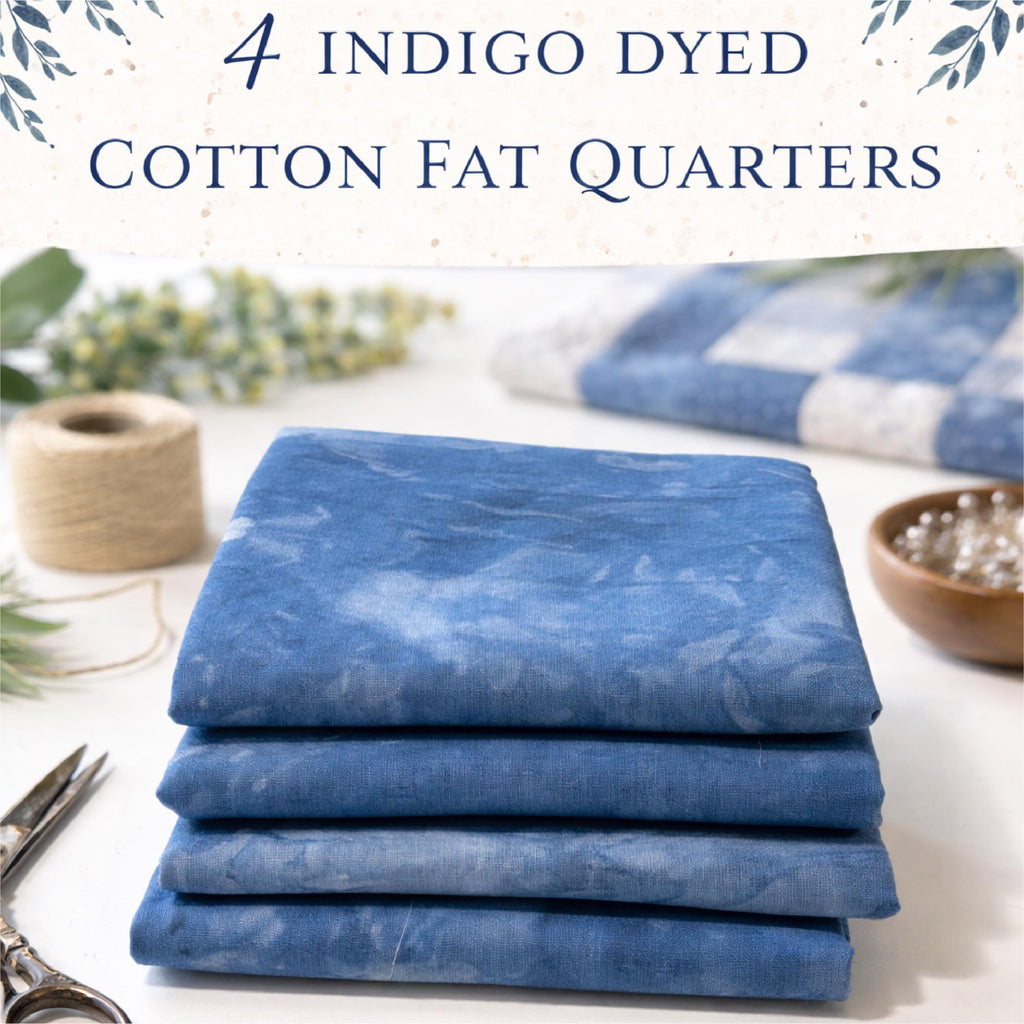 Indigo Dyed Cotton Fat Quarters Set of 4 | Hand Dyed Quilting Fabric | Blue Cotton Fabric Bundle | Natural Textile Quilt Fabric