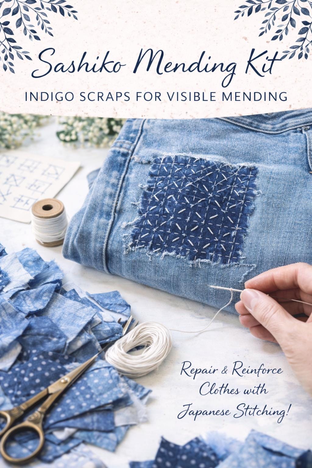 Shashiko Mending Kit | Indigo Fabric Scraps | Visible Mending Kit for Jeans | Japanese Stitching Repair Kit | Slow Stitch Kit