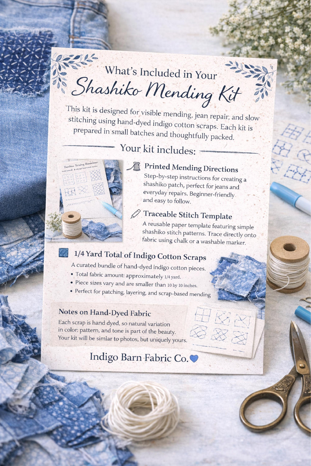 Shashiko Mending Kit | Indigo Fabric Scraps | Visible Mending Kit for Jeans | Japanese Stitching Repair Kit | Slow Stitch Kit