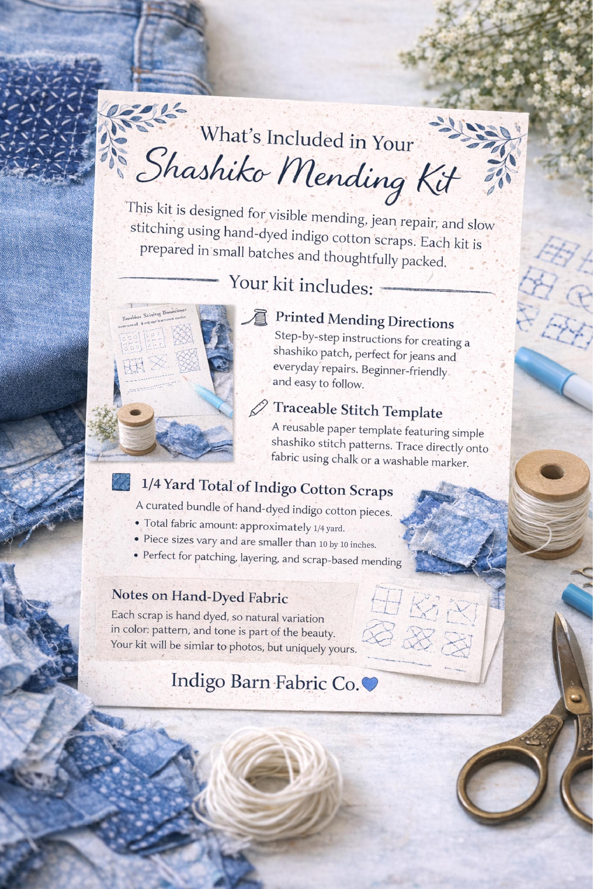 Shashiko Mending Kit | Indigo Fabric Scraps | Visible Mending Kit for Jeans | Japanese Stitching Repair Kit | Slow Stitch Kit