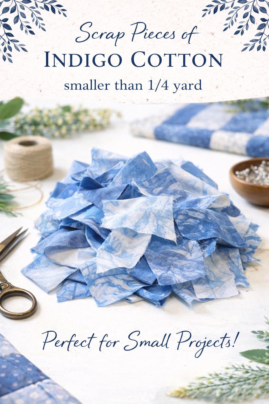 Indigo Cotton Fabric Scraps | Hand Dyed Quilt Cotton | Approx 1/2 Yard Total | Quilting & Sewing Scrap Bundle