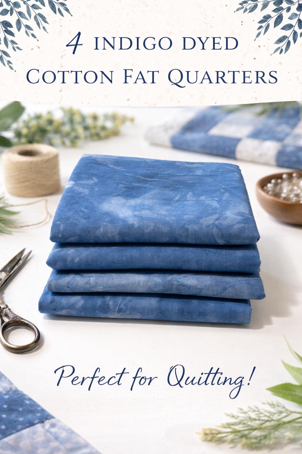 Indigo Dyed Cotton Fat Quarters Set of 4 | Hand Dyed Quilting Fabric | Blue Cotton Fabric Bundle | Natural Textile Quilt Fabric