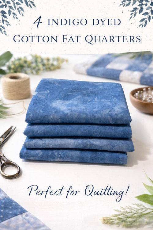 Indigo Dyed Cotton Fat Quarters Set of 4 | Hand Dyed Quilting Fabric | Blue Cotton Fabric Bundle | Natural Textile Quilt Fabric