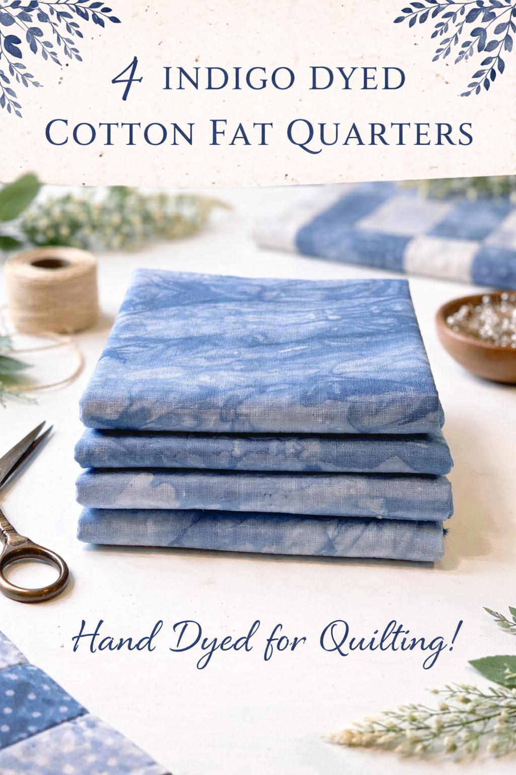 Light Indigo Dyed Cotton Fat Quarters Set of 4 | Hand Dyed Quilting Fabric | Blue Cotton Fabric Bundle | Natural Textile Quilt Fabric