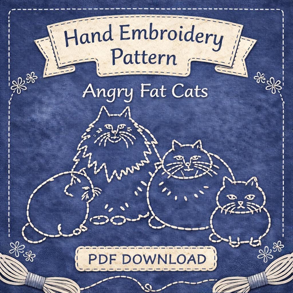 Angry Fat Cats Hand Embroidery Pattern PDF | Printable Cat Embroidery Template | Beginner Embroidery Design | Funny Cat Stitch Pattern