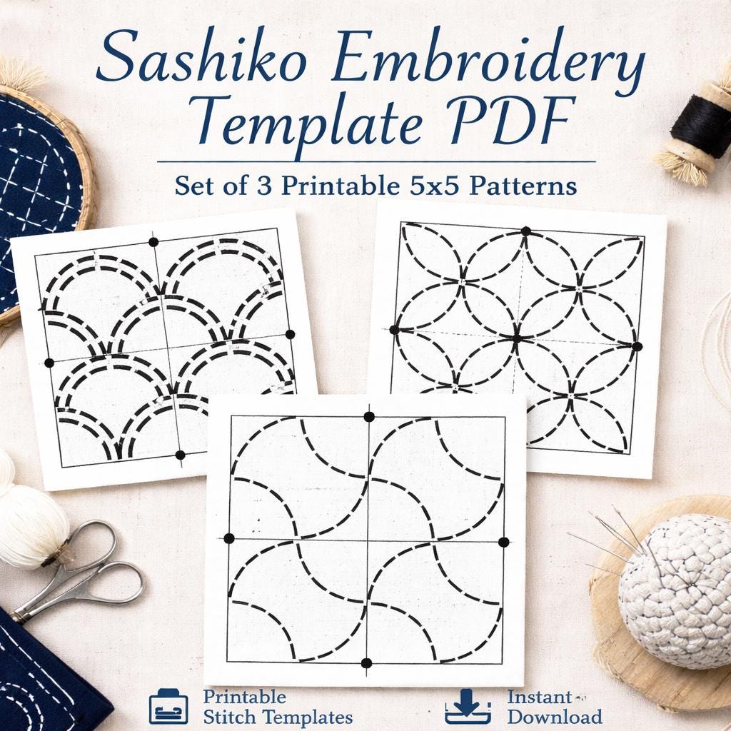 Sashiko Embroidery Template PDF Download | Printable Hand Embroidery Patterns | Visible Mending Template